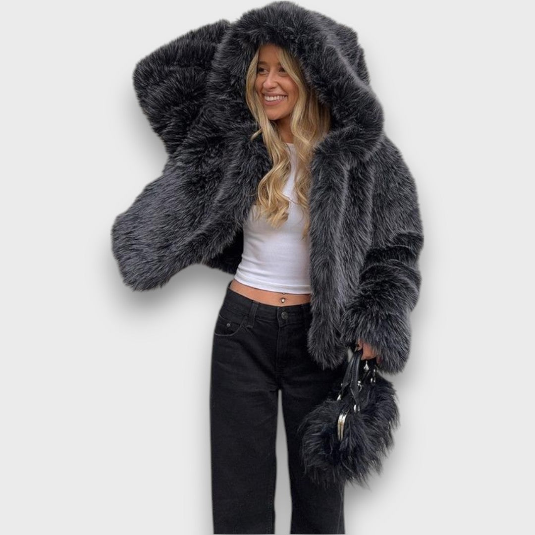 Leyana – Oversized Faux Fur Jacket with Hood in Smoky Gray