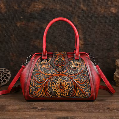 Florina - Leather Handbag with Engraving and Floral Design