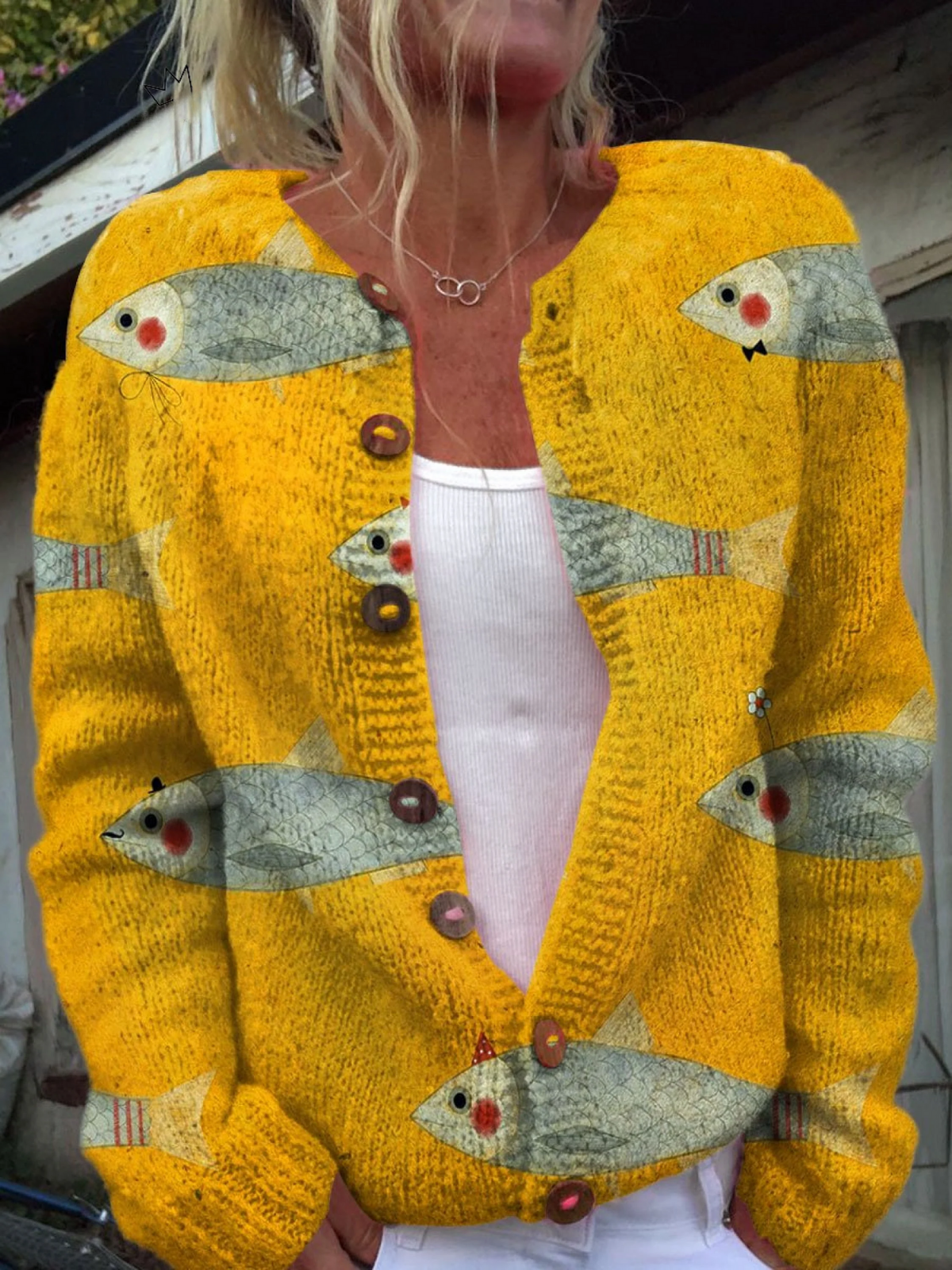 IVY – YELLOW FISH ART CASHMERE CARDIGAN