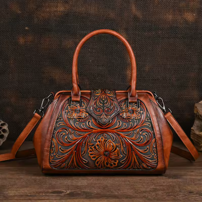 Florina - Leather Handbag with Engraving and Floral Design