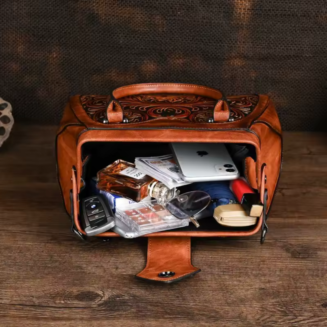 Florina - Leather Handbag with Engraving and Floral Design