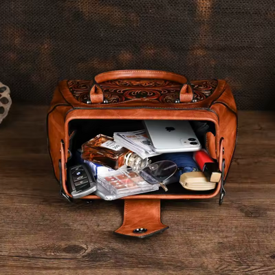 Florina - Leather Handbag with Engraving and Floral Design