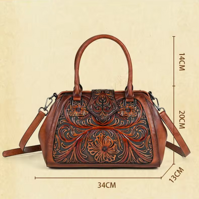 Florina - Leather Handbag with Engraving and Floral Design