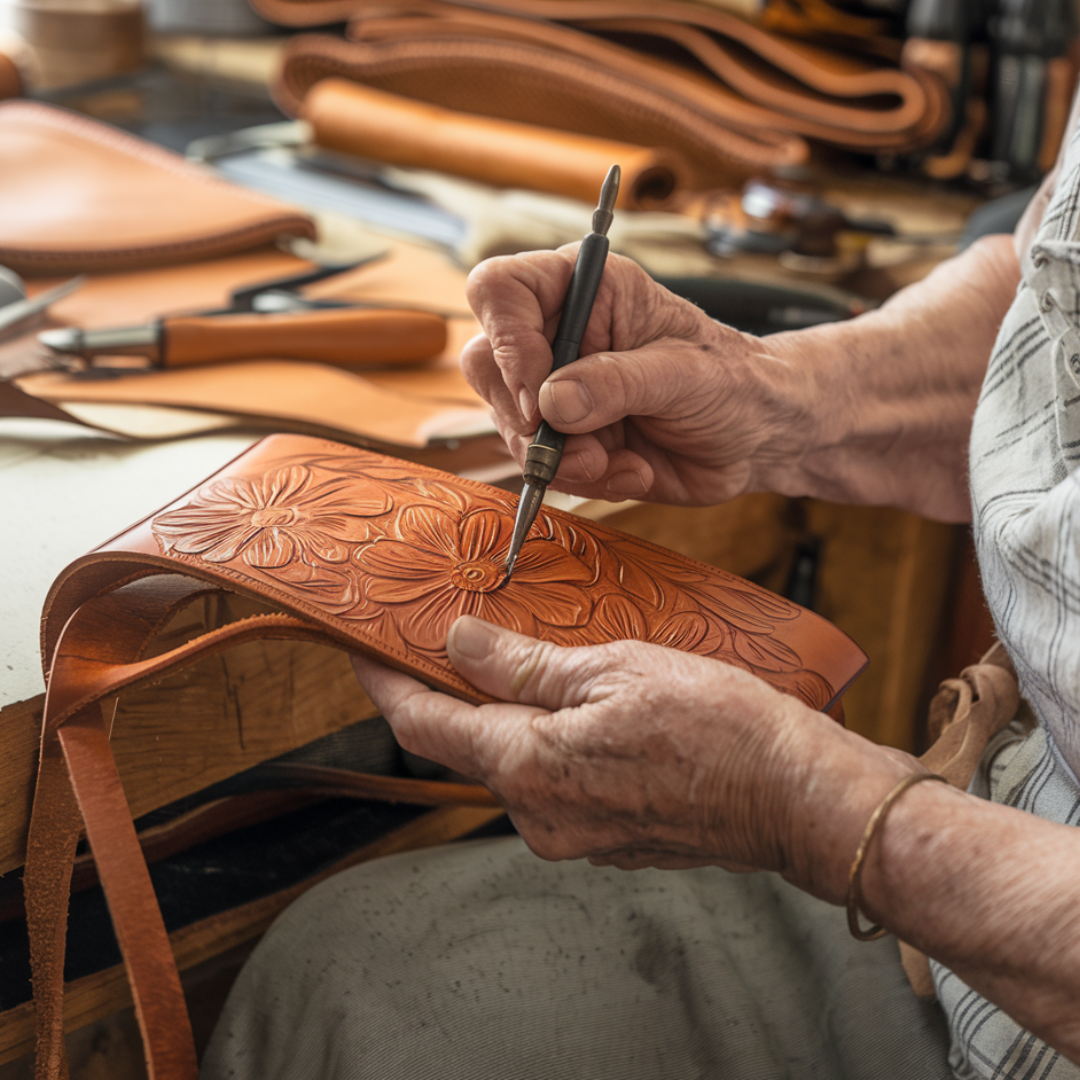 Florina - Leather Handbag with Engraving and Floral Design