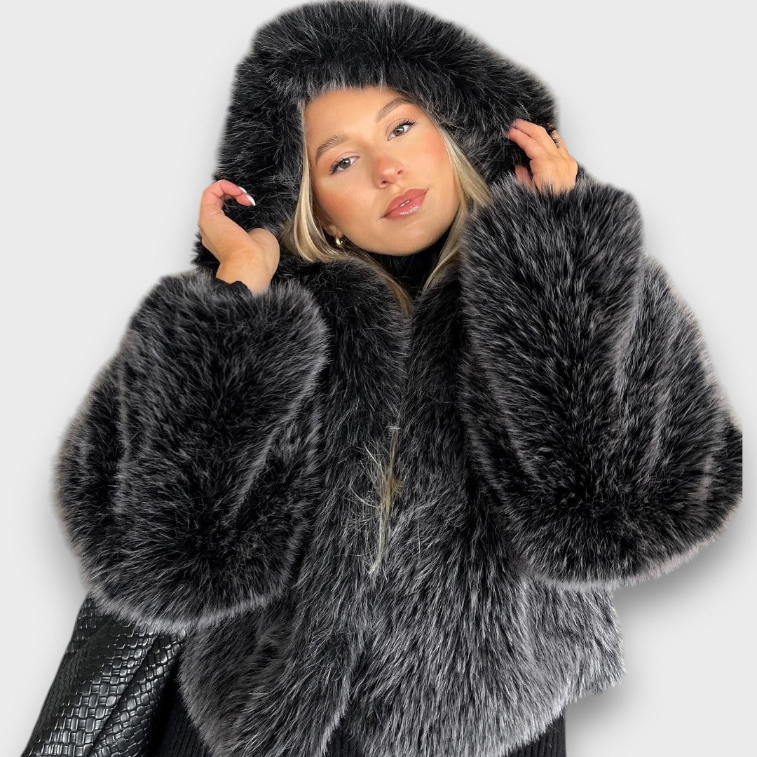 Leyana – Oversized Faux Fur Jacket with Hood in Smoky Gray