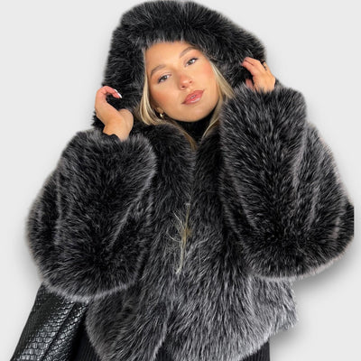 Leyana – Oversized Faux Fur Jacket with Hood in Smoky Gray