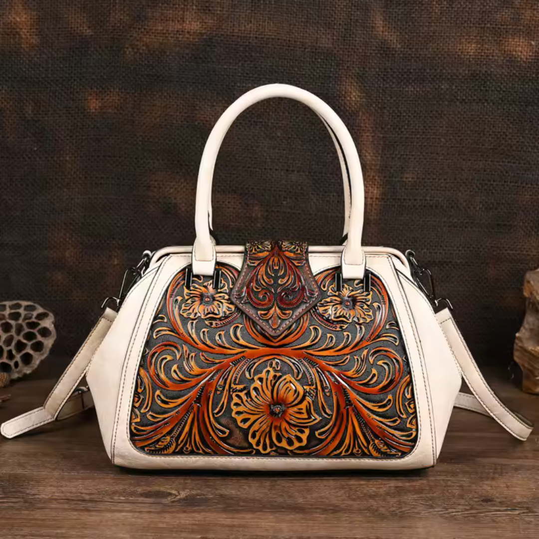 Florina - Leather Handbag with Engraving and Floral Design