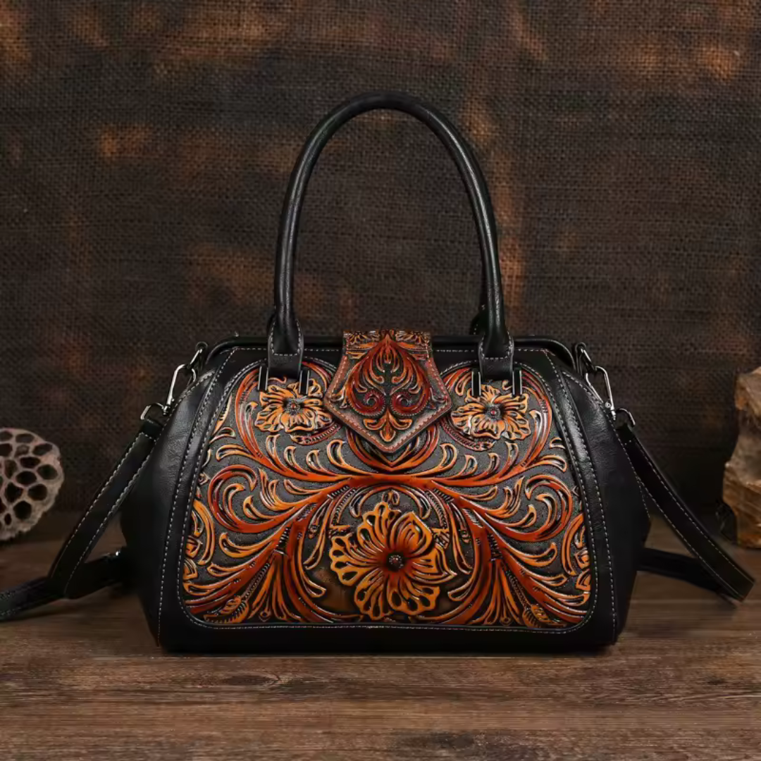 Florina - Leather Handbag with Engraving and Floral Design
