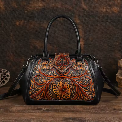 Florina - Leather Handbag with Engraving and Floral Design