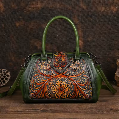 Florina - Leather Handbag with Engraving and Floral Design