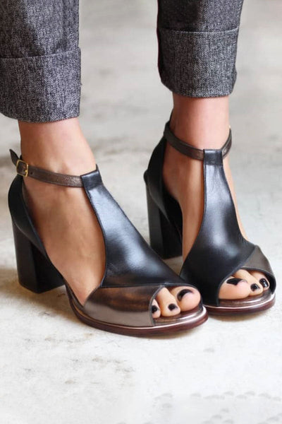 Isadora - Black Patchwork Peep Toe Heels