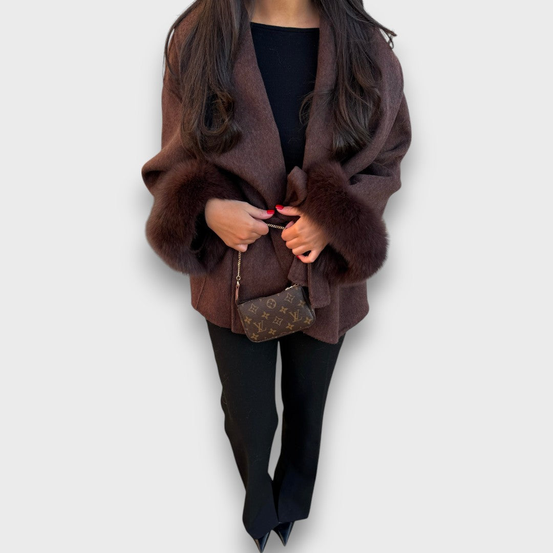Vienelle – Wrap Coat with Dark Brown Fur Cuffs