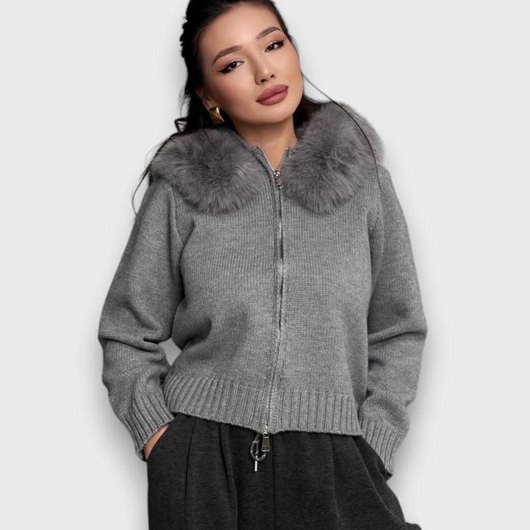 Alisanne – Zip-Up Knit Jacket with Faux Fur Collar