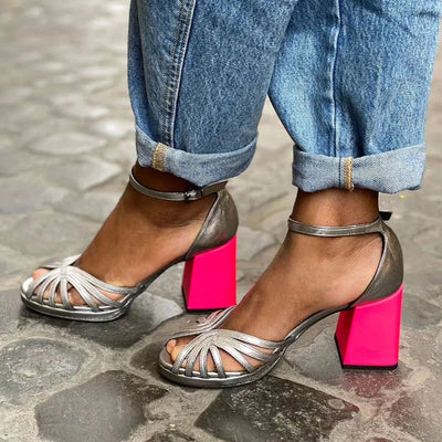Naelle - Shiny Sandals with Chunky Heel and Elegant Buckle