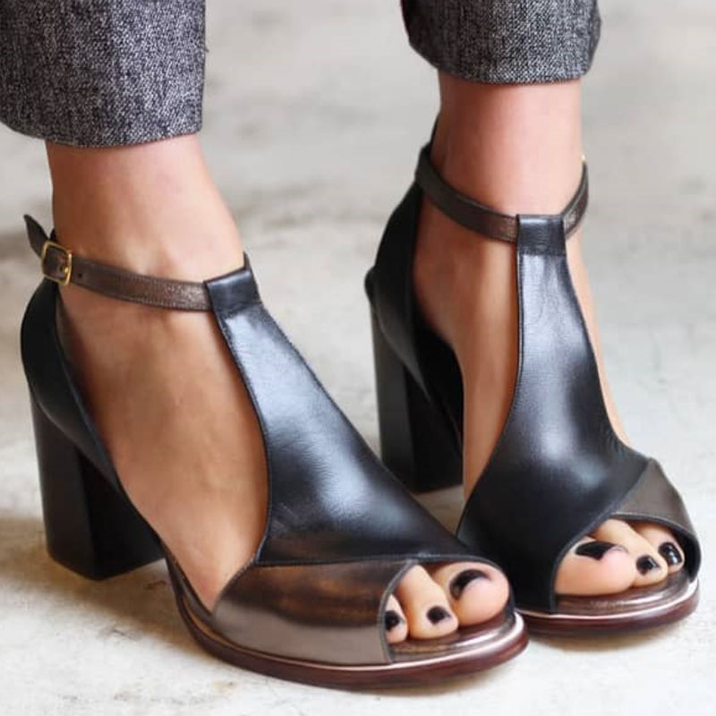 Isadora - Black Patchwork Peep Toe Heels